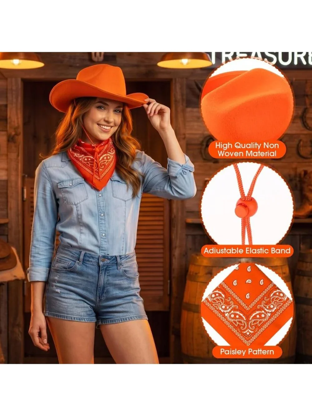 Men's Orange Bandanas Bulk Adjustable Felt Western Cowboy Cowgirl Hat 12 Pcs